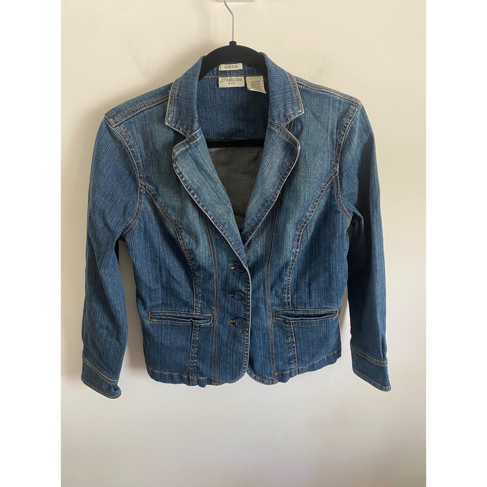 St Johns Bay Petite Medium Denim Blazer Jacket Blue Stretch 3 Button Medium Wash